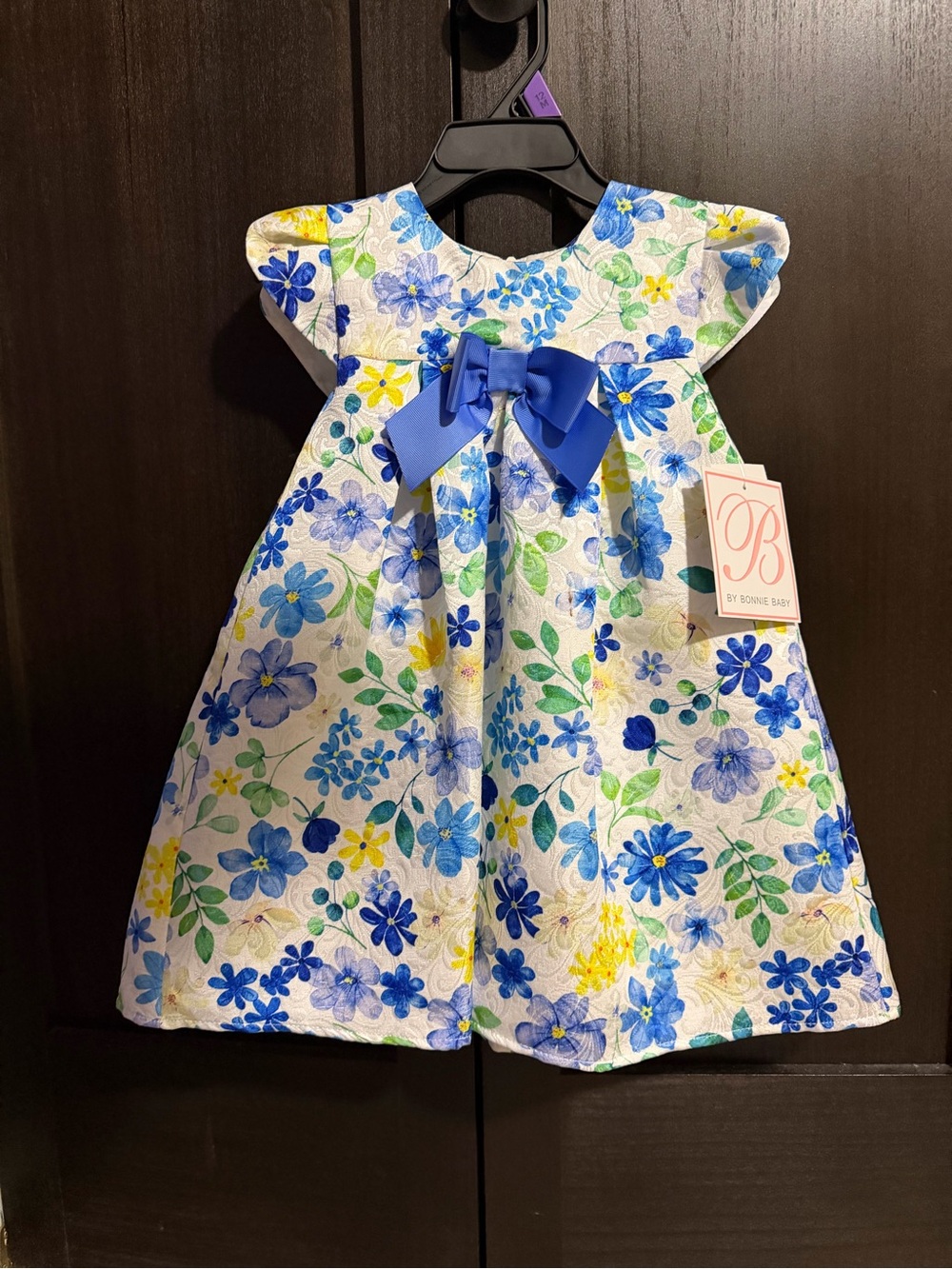 Bonnie Baby White Dress with Blue Floral Print and Blue Bow
